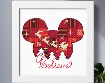 クリスマスクロスステッチパターンPDFダウンロード、クリスマスマウスイヤー、バッファローチェッククリスマスオーナメント、Believeクリスマスデコレーション