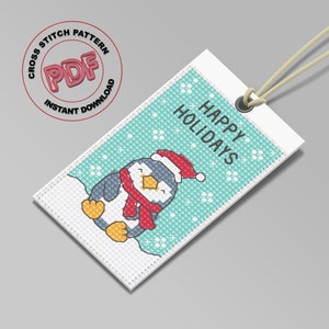 PDF-download Tiny Christmas-kruissteekpatroon, handgemaakte kersttag, kerstpinguïnornament, kruissteekkaart voor feestdagen, boomdecor