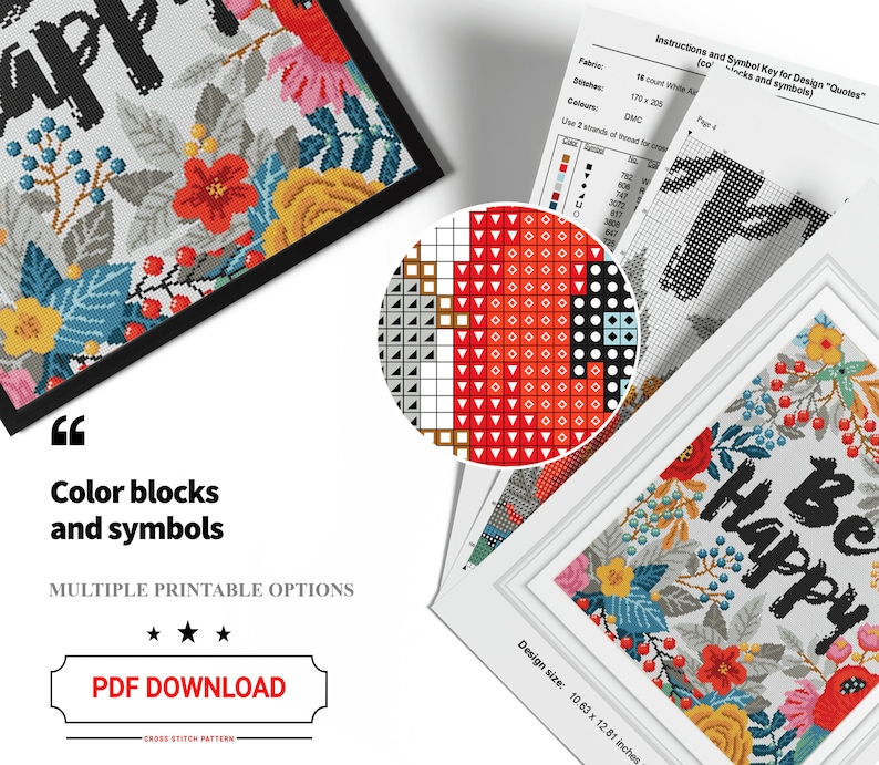 May include: A cross stitch pattern featuring the phrase "Be Happy" surrounded by colorful flowers. The pattern includes a color key and instructions for stitching. The design size is 10.63 x 12.81 inches.