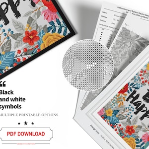 May include: Cross stitch pattern for a colourful floral design with the text "Be Happy" in black and white. The pattern includes instructions and a symbol key for the design.