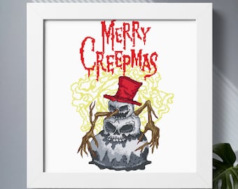 Patrón de punto de cruz de Navidad gótica Descargar PDF, Creepmas felices, Muñeco de nieve de calavera de terror, Patrón de Navidad espeluznante, Decoración de bordado de Gothmas