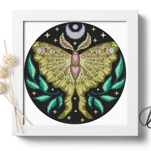 Moth cross stitch pattern Magic cross stitch Modern cross stitch Luna Moth Butterfly embroidery Mystical Gothic cross stitch Digital file