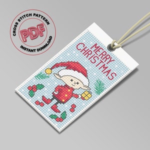 Piccolo download PDF del modello punto croce natalizio, etichetta natalizia fatta a mano, ornamento dell'elfo di Natale, schema punto croce festivo, etichetta regalo