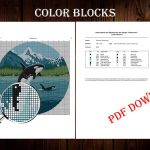 Pode incluir: Um padr&atilde;o de ponto cruz para um design circular que apresenta uma orca preta e branca saltando para fora da &aacute;gua com uma cordilheira de montanhas ao fundo. O padr&atilde;o &eacute; chamado de "Vancouver" e inclui uma chave de cores com 18 cores diferentes.