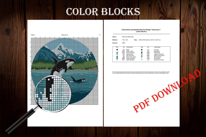 Pode incluir: Um padr&atilde;o de ponto cruz para um design circular que apresenta uma orca preta e branca saltando para fora da &aacute;gua com uma cordilheira de montanhas ao fundo. O padr&atilde;o &eacute; chamado de "Vancouver" e inclui uma chave de cores com 18 cores diferentes.