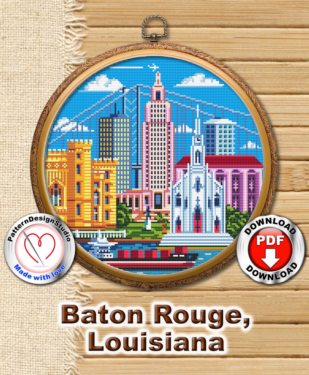 Louisiana Cross Stitch Pattern PDF Baton Rouge City Skyline Etsy UK