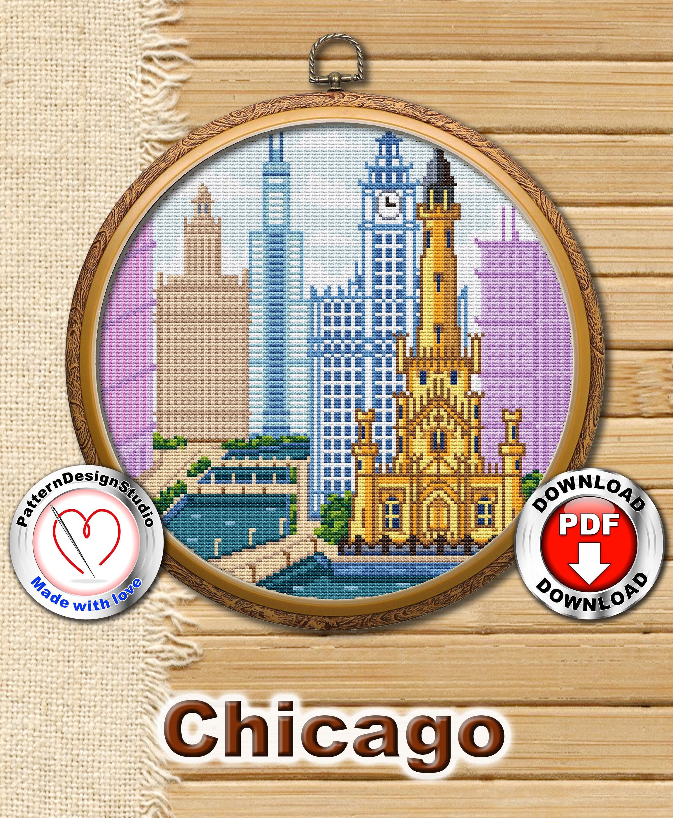 Chicago cross stitch pattern PDF digital file, Travel USA cross stitch, City skyline, Embroidery pattern, Needlepoint pattern, Travel gift