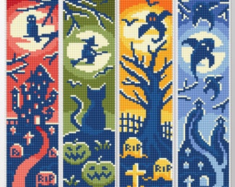 Halloween bookmark cross stitch pattern PDF, Horror bookmark set, Spooky season, Creepy cross stitch, Book accessories, Book lover gift