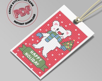 Christmas Cross Stitch Gift Tags Pattern PDF Download, Handmade Christmas Bear Ornament, Holiday Cross Stitch Chart, Christmas Tree Decor