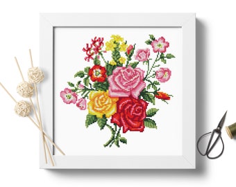 Flowers #P322 Roses Cross Stitch Pattern PDF Download | Counted Cross | Modern Cross Stitch | Bouquet Cross Stitch | Home Decor