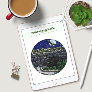 May include: A digital illustration of a night scene with a full moon, stars, and bats flying over a stone wall and a winding path. The illustration is in a circular frame and is titled "PatternDesignStudio".