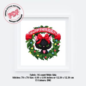 Christmas Cat Wreath Cross Stitch Pattern PDF, Grumpy Black Cat with Festive Bow, Funny Holiday Embroidery, Meowy Christmas, Cat Lover Gift