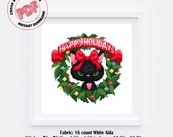 Christmas Cat Wreath Cross Stitch Pattern PDF, Grumpy Black Cat with Festive Bow, Funny Holiday Embroidery, Meowy Christmas, Cat Lover Gift