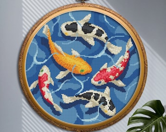 Patrón de punto de cruz de estanque de peces Koi descarga PDF, arte del aro de bordado de carpas Koi japonesas orientales, peces Needlepoint, decoración de la pared