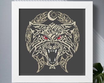 May include: A white wolf's head with red eyes is surrounded by a circular pattern of Celtic knots and a crescent moon. The design is embroidered on a dark gray fabric.