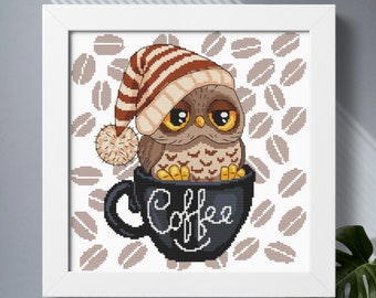 Owl cross stitch pattern PDF download, Easy cute animal cross stitch, Coffee cup, Kitchen decor cross stitch, Coffee lover gift