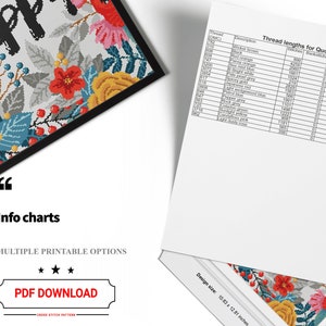 May include: A cross stitch pattern featuring the word "Happy" in black text surrounded by colorful flowers and leaves. The pattern includes a chart with thread colors and lengths for the design. The design size is 10.63 x 12.81 inches.