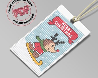 Etiqueta de Navidad Patrón de punto de cruz PDF Descarga instantánea, Adorno de animales de Navidad hecho a mano, Mini gráfico de punto de cruz, Decoración del árbol de Navidad