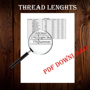 Pode incluir: Um close-up de um documento com o t&iacute;tulo "THREAD LENGTHS" e uma tabela de comprimentos de fio. O documento est&aacute; sendo visualizado atrav&eacute;s de uma lupa. O texto "PDF DOWNLOAD" &eacute; vis&iacute;vel em vermelho na parte inferior da p&aacute;gina.