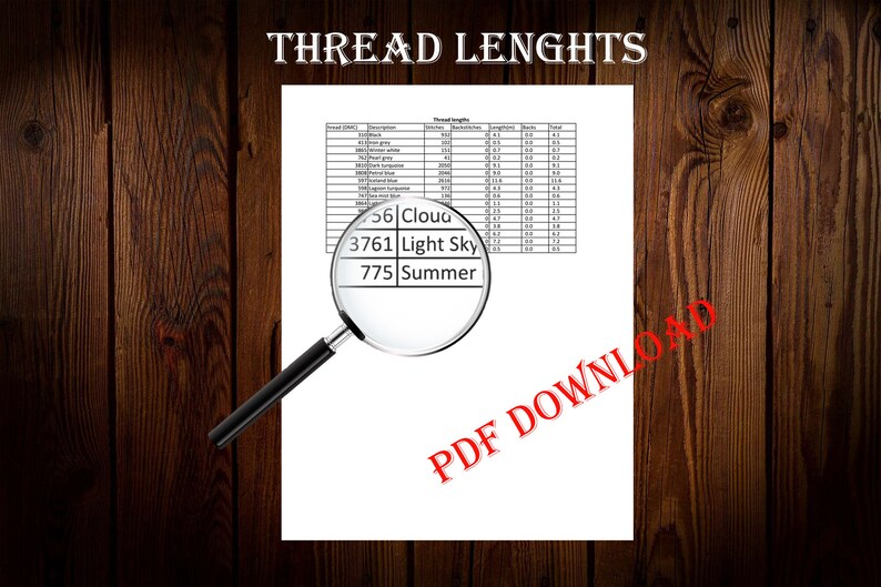 Pode incluir: Um close-up de um documento com o t&iacute;tulo "THREAD LENGTHS" e uma tabela de comprimentos de fio. O documento est&aacute; sendo visualizado atrav&eacute;s de uma lupa. O texto "PDF DOWNLOAD" &eacute; vis&iacute;vel em vermelho na parte inferior da p&aacute;gina.