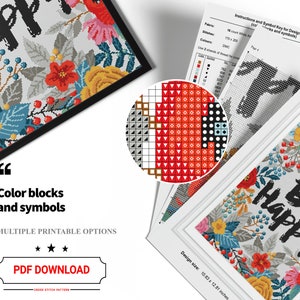 May include: A cross stitch pattern featuring the phrase "Be Happy" surrounded by colorful flowers. The pattern includes a color key and instructions for stitching. The design size is 10.63 x 12.81 inches.