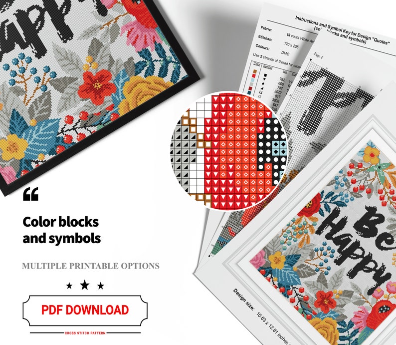 May include: A cross stitch pattern featuring the phrase "Be Happy" surrounded by colorful flowers. The pattern includes a color key and instructions for stitching. The design size is 10.63 x 12.81 inches.