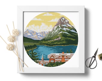 Scarica il modello PDF di ricamo a punto croce del Glacier National Park Scarica il modello di ricamo del paesaggio montano del Montana Punto croce unico