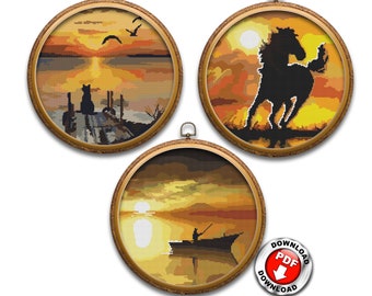 自然の風景 クロスステッチパターン 3 点セット PDF ダウンロード 刺繍デザイン クロスステッチチャート 海景 夕焼け デジタルファイル PDF