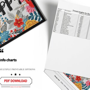 Pode incluir: Um padr&atilde;o de ponto cruz com a palavra "Happy" em texto preto rodeado por flores e folhas coloridas. O padr&atilde;o inclui uma tabela com as cores e os comprimentos dos fios para o design. O tamanho do design &eacute; de 10,63 x 12,81 polegadas.