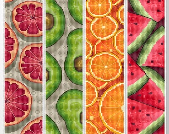 フルーツブックマークセットクロスステッチパターンPDF、エキゾチックなフルーツの刺繍デザイン、読書アクセサリー、手作りブックマーク、読書好きへのギフト