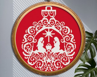 クリスマスボールオーナメントクロスステッチパターンPDFダウンロード、キリスト降誕シーン、キリスト降誕ニードルポイント、刺繍デザイン、メリークリスマスギフト