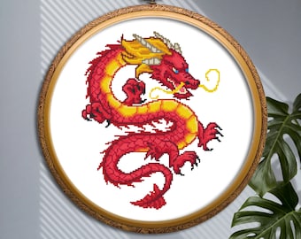Dragon cross stitch pattern PDF download, Red Chinese dragon embroidery pattern, Japanese dragon, Fantasy animal cross stitch, Dragon art
