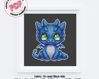 Blue Baby Dragon Cross Stitch Pattern PDF Download, Fantasy Embroidery Design, Magical Cross Stitch Chart, Cute Blue Dragon Baby Room Decor