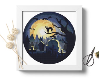 Halloween Cross Stitch Pattern Black cat Horror Magic Cross Stitch Halloween Chart Holiday Spooky Moon Pattern Gift Idea Digital Format PDF