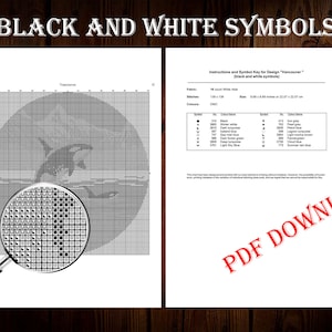 Pode incluir: Padr&atilde;o de ponto cruz preto e branco para um design chamado "Vancouver" com uma orca saltando para fora da &aacute;gua. O padr&atilde;o inclui uma chave de cores com s&iacute;mbolos e cores de fio.