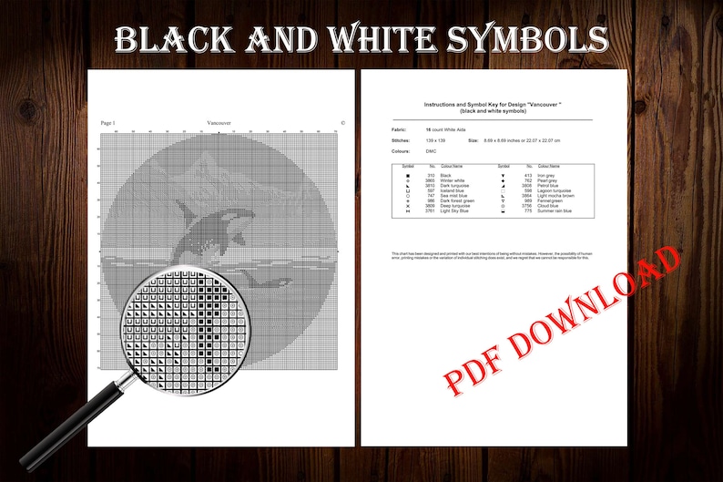 Pode incluir: Padr&atilde;o de ponto cruz preto e branco para um design chamado "Vancouver" com uma orca saltando para fora da &aacute;gua. O padr&atilde;o inclui uma chave de cores com s&iacute;mbolos e cores de fio.