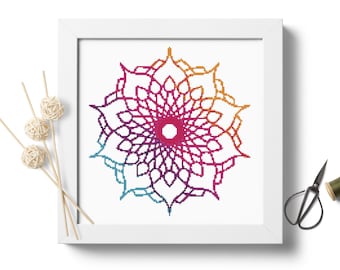 Gradient mandala cross stitch pattern, Geometric design, Rainbow, modern cross stitch PDF download, Embroidery Beginners, Cross Stitch Chart