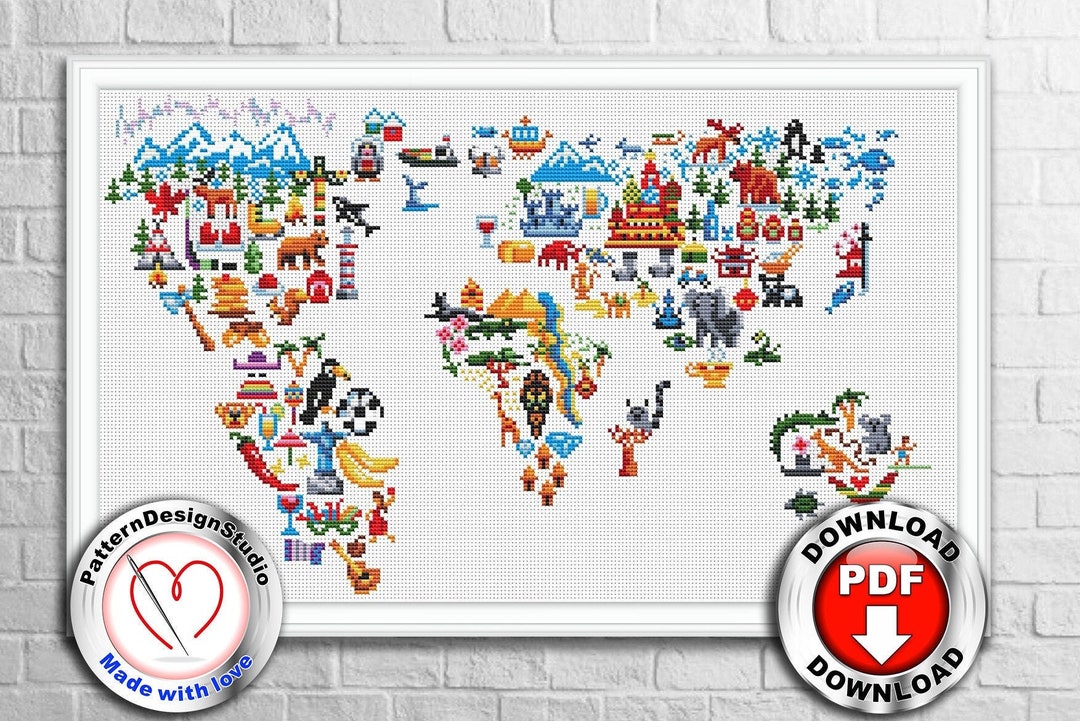 World Map Cross Stitch Pattern PDF Travel Cross Stitch Modern 