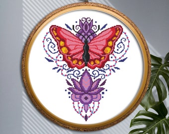Butterfly moth cross stitch pattern PDF download Flower lotus mandala cross stitch Insect embroidery design Modern counted cross stitch