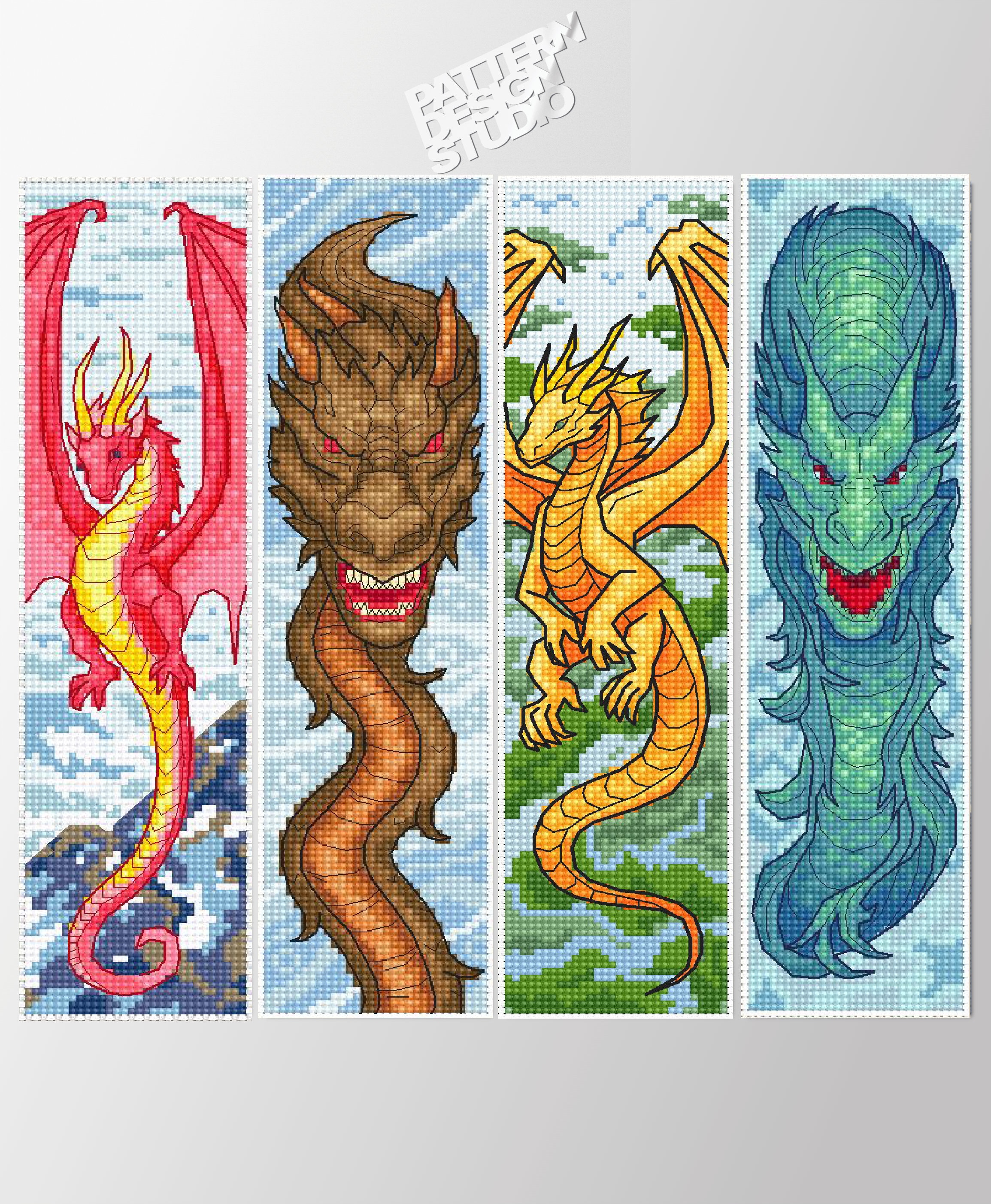 Dragon Bookmark Set Cross Stitch Pattern PDF, Fantasy Dragon