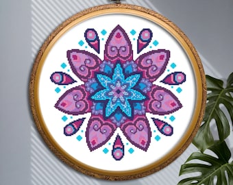 マンダラ クロスステッチ パターン PDF ダウンロード、花の刺繍デザイン、ステッチ刺繍ファイル、幾何学的なクロスステッチ、クロスステッチの装飾