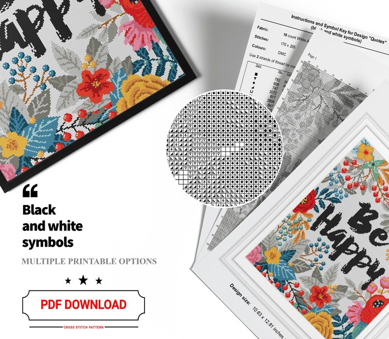 May include: Cross stitch pattern for a colorful floral design with the text "Be Happy" in black and white. The pattern is 10.63 inches by 12.81 inches.
