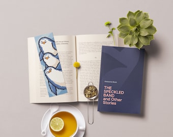 クロスステッチのブックマークパターン 面白いかわいいペンギンのクロスステッチサンプル 手作りのブックマーク刺繍初心者へのギフト 本好き デジタルファイル