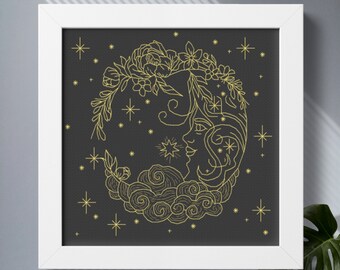 Tarot The Moon modern cross stitch pattern PDF download, Magic Mystical Gothic cross stitch, Blackwork embroidery design, Backstitch pattern