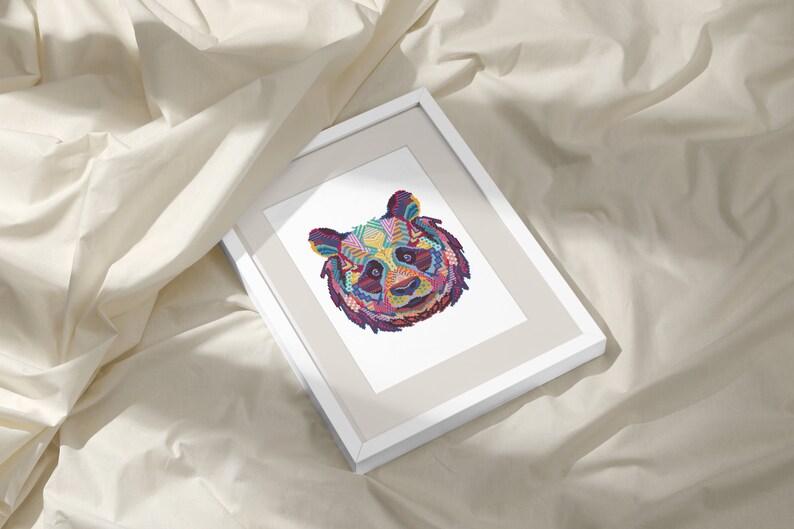 Pu&ograve; includere: Una stampa incorniciata di un panda astratto colorato su sfondo bianco. Il panda &egrave; composto da forme geometriche e motivi in ​​tinte di rosa, blu, verde, giallo e viola.