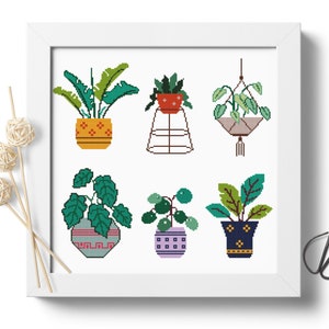Home plants cross stitch pattern, easy counted cross stitch chart, modern embroidery design, potted plants, cross design, Digital format PDF