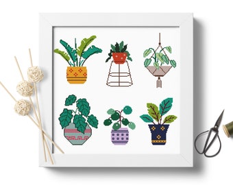 Home plants cross stitch pattern, easy counted cross stitch chart, modern embroidery design, potted plants, cross design, Digital format PDF