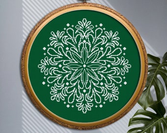 Patrón de punto de cruz de mandala de flores Descargar PDF, Gráfico de punto de cruz de mandala de adorno geométrico, Mandala floral monocromático de bordado fácil