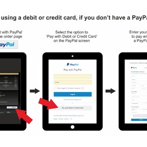 May include: A step-by-step guide on how to pay with a debit or credit card on PayPal without having a PayPal account. The image shows three screenshots of the PayPal website. The first screenshot shows the checkout page with a button that says "Check out with PayPal". The second screenshot shows the PayPal login page with a button that says "Pay with Debit or Credit Card". The third screenshot shows the payment page where you can enter your card details.