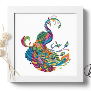May include: A colourful cross-stitch pattern of a peacock with its tail feathers spread out. The peacock is made up of a variety of colours, including blue, green, yellow, orange, and pink.